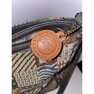 SAS VTG Tapestry Patchwork Double Pocket Zipper Purse Genuine Leather Near Mint